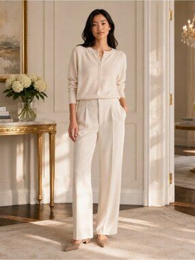 Quince 100% Mongolian Cashmere Dolman Sleeve Henley Sweater Ivory M Quiet Luxury